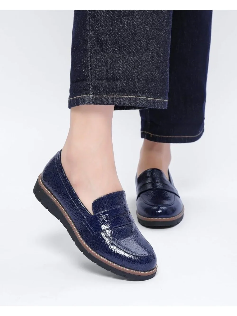 🆕Women's Dark Blue Round Toe Platform Chunky Heeled Loafers Business Shoes
